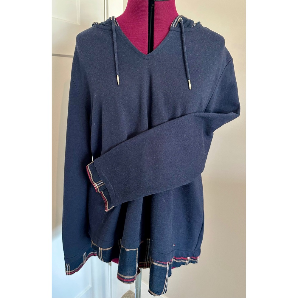 Tommy Hilfiger Mens XXL Navy Blue Plaid Trim Layered V-Neck Pullover Hoodie